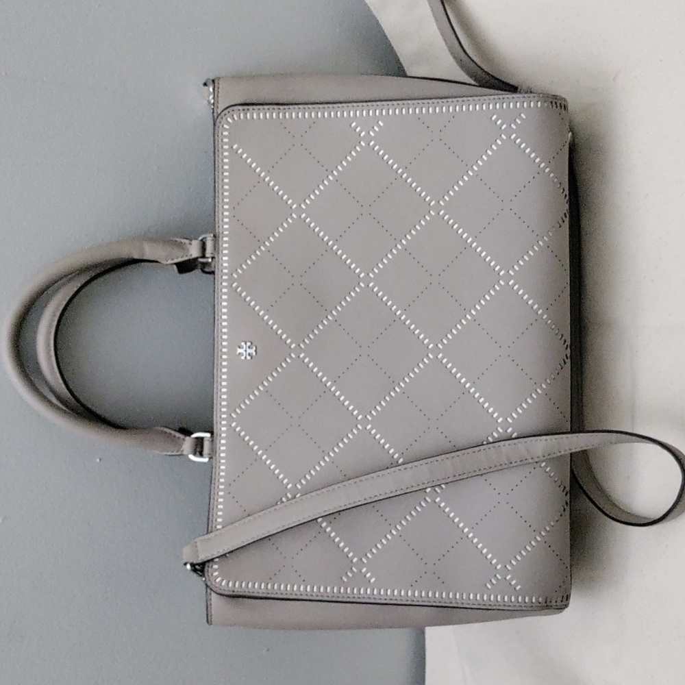 Tory Burch Neutrals Beige/Gray Saffiano Perforated Leather Shoulder Bag Tote